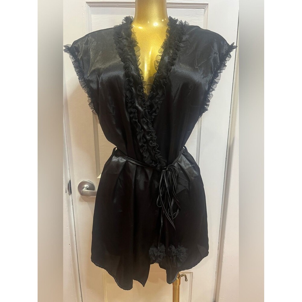 Vintage Cinema Étoile Y2K Black Satin Ruffle Mini Robe Coquette Pom Pom Large